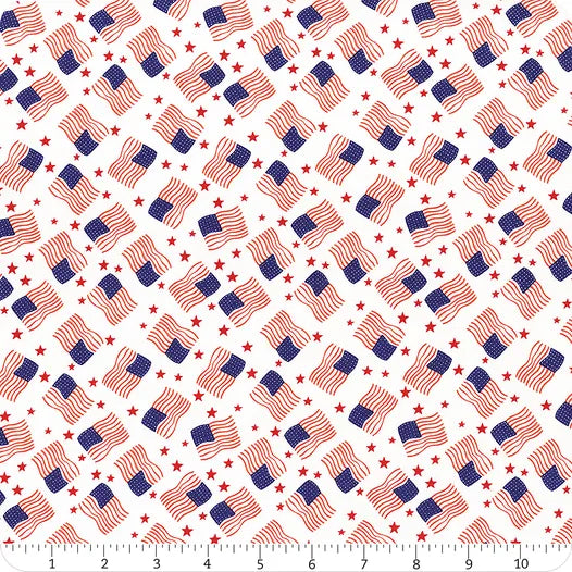 A repeating pattern of small American flags and scattered red stars on a white background