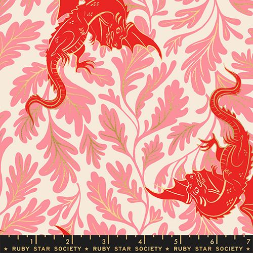Fabric with red dragon and pink leaf pattern