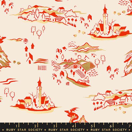 Fabric pattern with red and gold landscape design on a beige background, featuring buildings and nature elements.