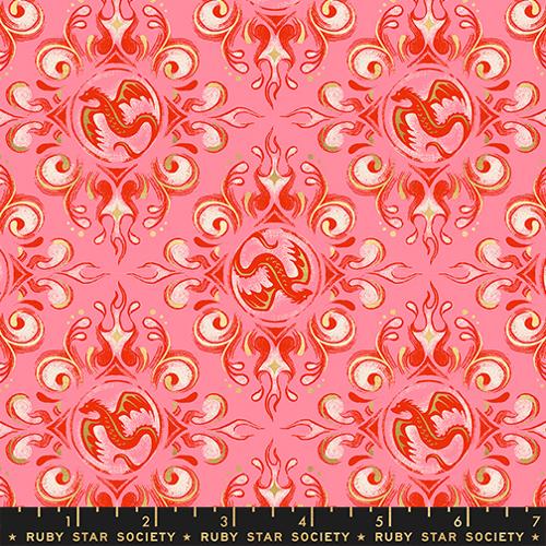 Decorative fabric pattern with red and white dragon designs on a pink background,