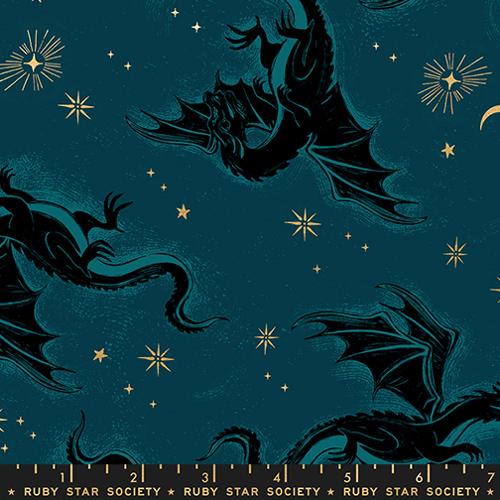 Black dragons and gold star cluster design on a teal background