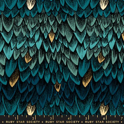 Fabric with teal and gold dragon scale pattern