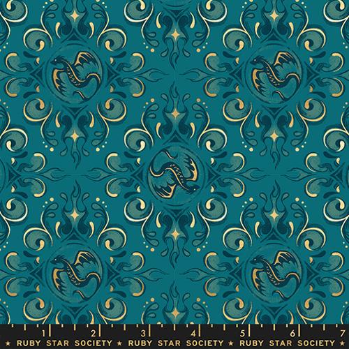 Decorative fabric pattern with dragons and swirls in teal and gold on a blue background