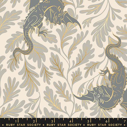 Fabric pattern with dragons and leaves on a beige background