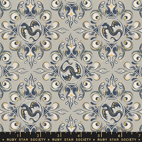 Decorative fabric pattern with dragons and swirls on a gray background, 