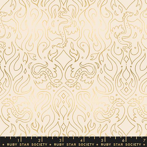 fabric pattern with gold dragons designs on a beige background
