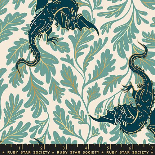 Patterned fabric with dragons and leaves on a beige background
