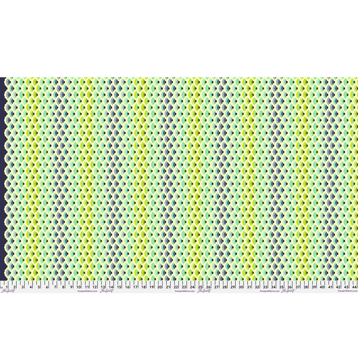 Patterned fabric swatch with geometric design in green, blue, and purple on a navy background.