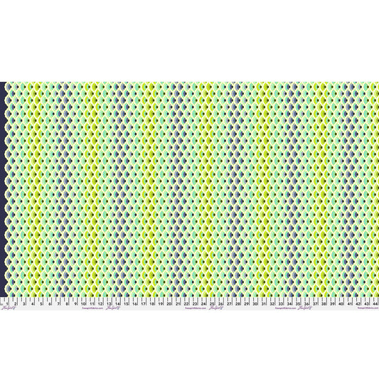 Patterned fabric swatch with geometric design in green, blue, and purple on a navy background.