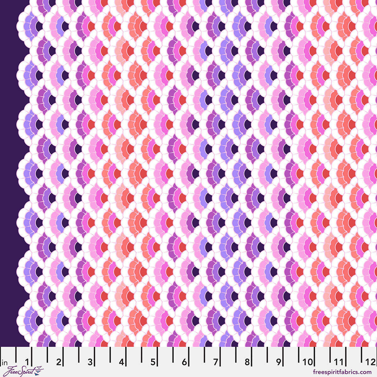 Patterned fabric swatch with geometric design in pink, purple, and red on a dark background.