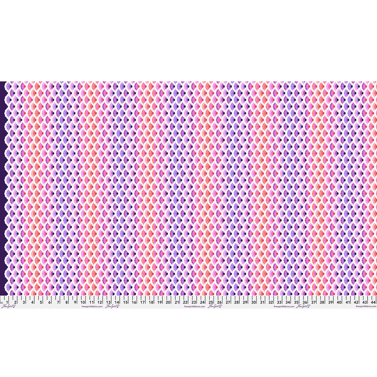 Patterned fabric swatch with geometric design in pink, purple, and red on a dark background.
