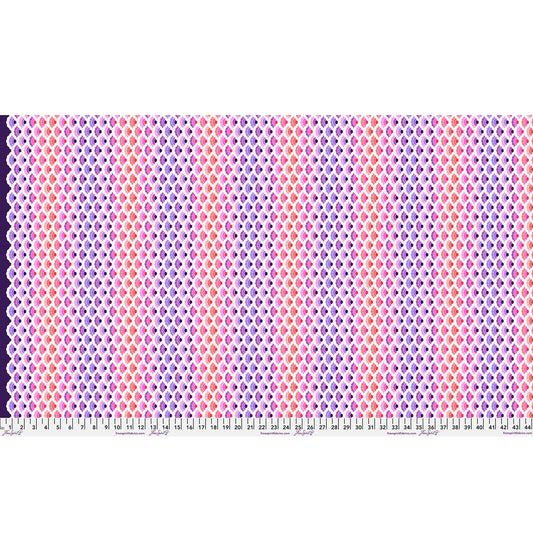 Patterned fabric swatch with geometric design in pink, purple, and red on a dark background.