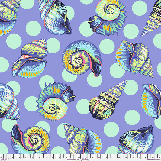 Colorful shell pattern on a purple background.