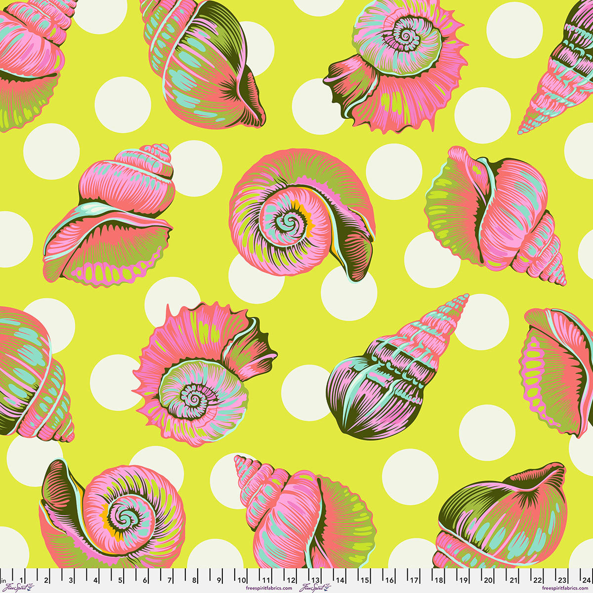 Colorful shell pattern on a yellow background.