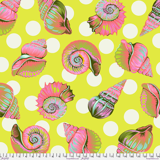 Colorful shell pattern on a yellow background.
