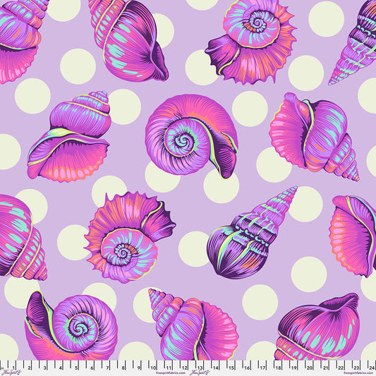 Colorful shell pattern on a purple background.