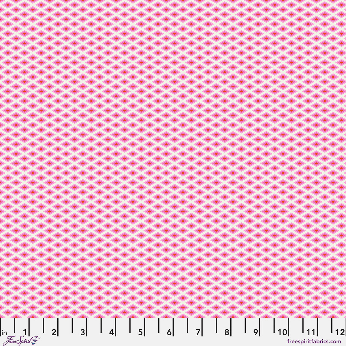 Pink fabric with a small geometric pattern on a white background
