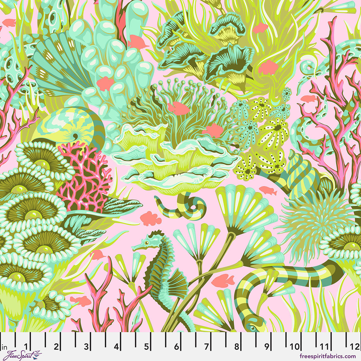 Colorful coral and sea life pattern on a pink background