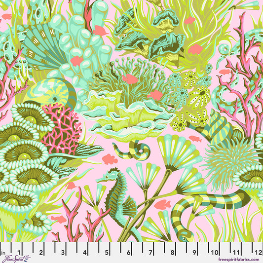 Colorful coral and sea life pattern on a pink background