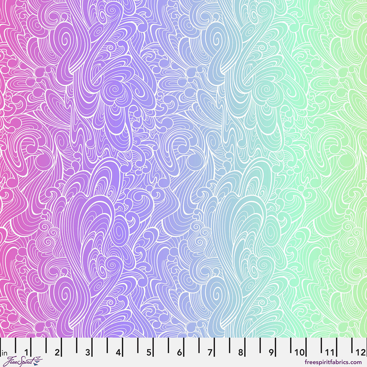 Gradient fabric pattern with wavy lines transitioning from pink to green 