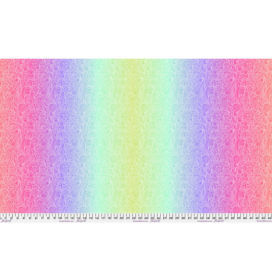 Gradient fabric pattern with wavy lines transitioning from pink to green 