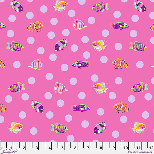 Colorful fish pattern on a pink background with purple polka dots