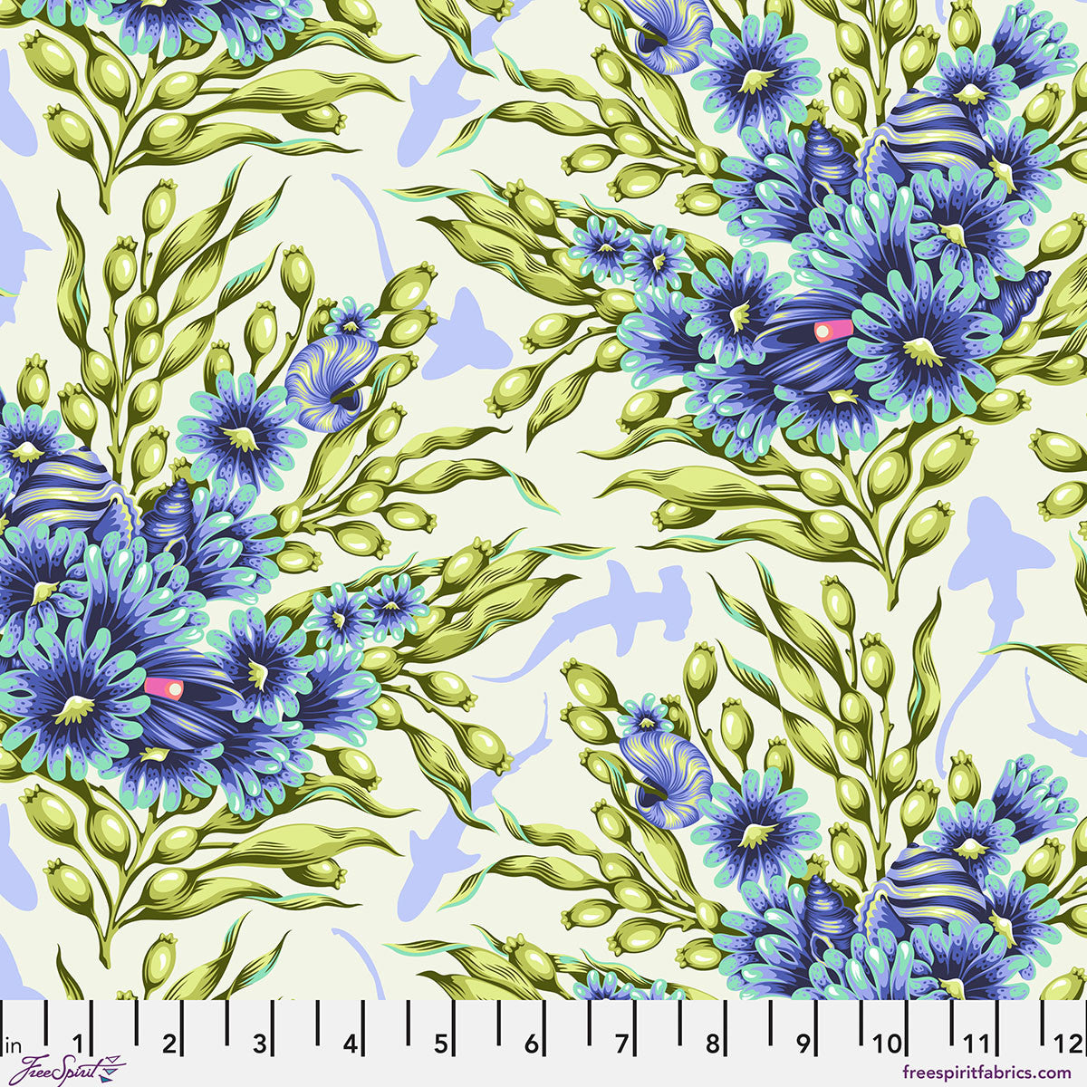 Pattern of blue flowers and green leaves on a white background.