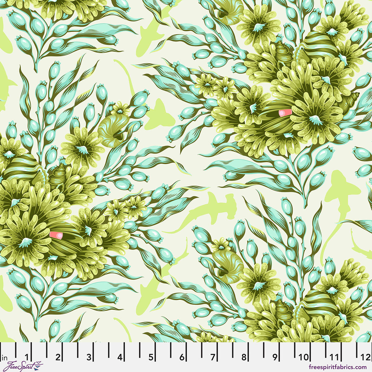 Floral pattern with green and teal flowers on a light green background