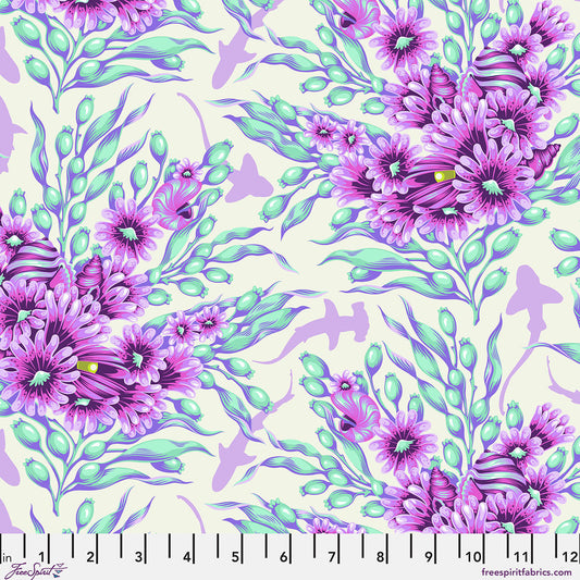 Floral pattern with purple flowers and green leaves on a light background