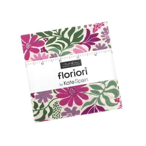 A 5" x 5" fabric bundle with a floral pattern in pink, purple, and green on a cream background, labeled 'floriori by Kate Spain.
