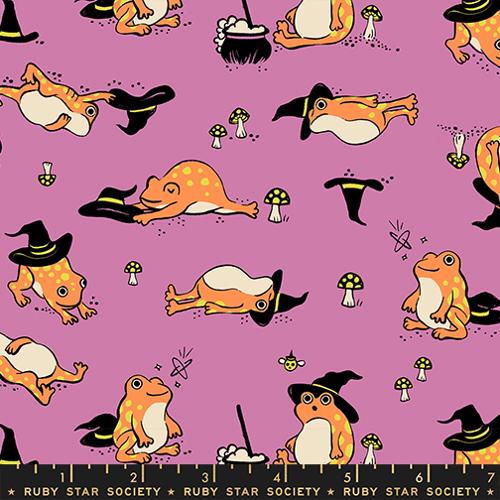 Pattern of cartoon frogs in witch costumes on a purple background.