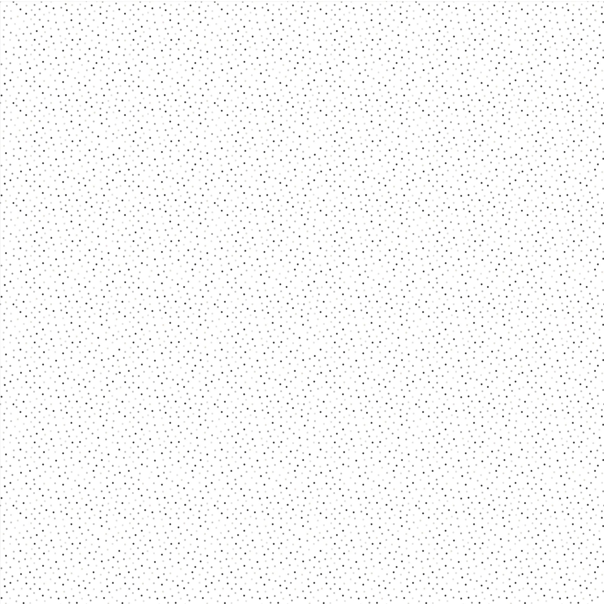 Cotton fabric with a dense, all-over pattern of  tiny gray and blue dots scattered on white background