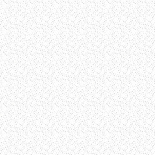 Cotton fabric with a dense, all-over pattern of  tiny gray and blue dots scattered on white background