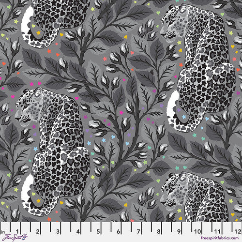 Pattern of leopards and floral leaves on a dark gray background