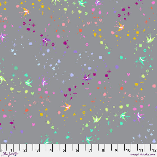Colorful pattern of birds and stars on a gray background.
