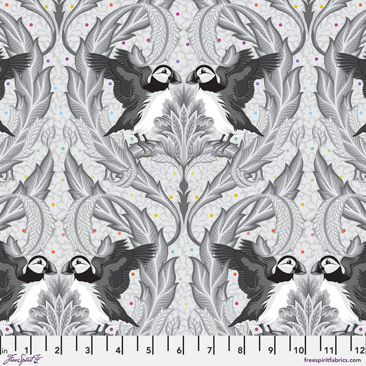 Puffin Birds on a gray floral background 