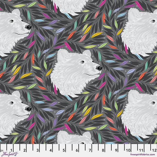 Bear face on gray background with rainbow colored leaves