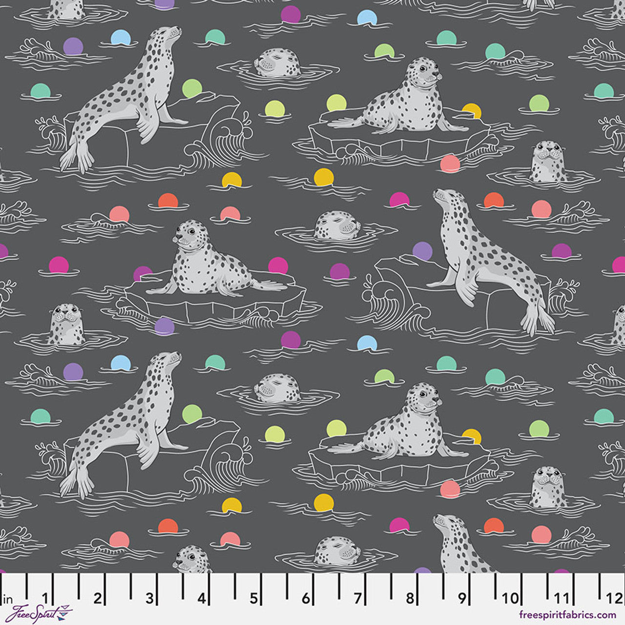 Seals floating in artic style water with rainbow colored dots on a dark gray background 
