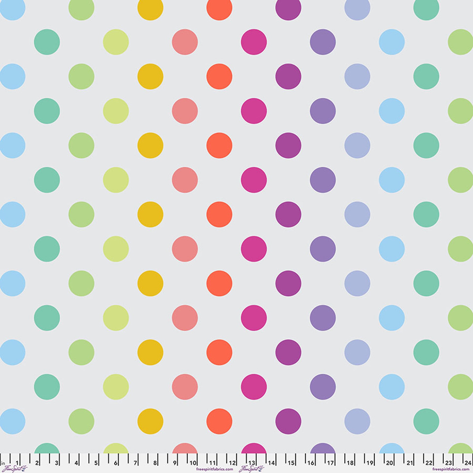 Pattern of colorful polka dots on a light gray background