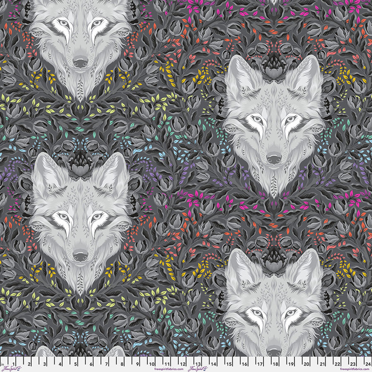 Rainbow colored leaves and Wolf head on a dark gray background