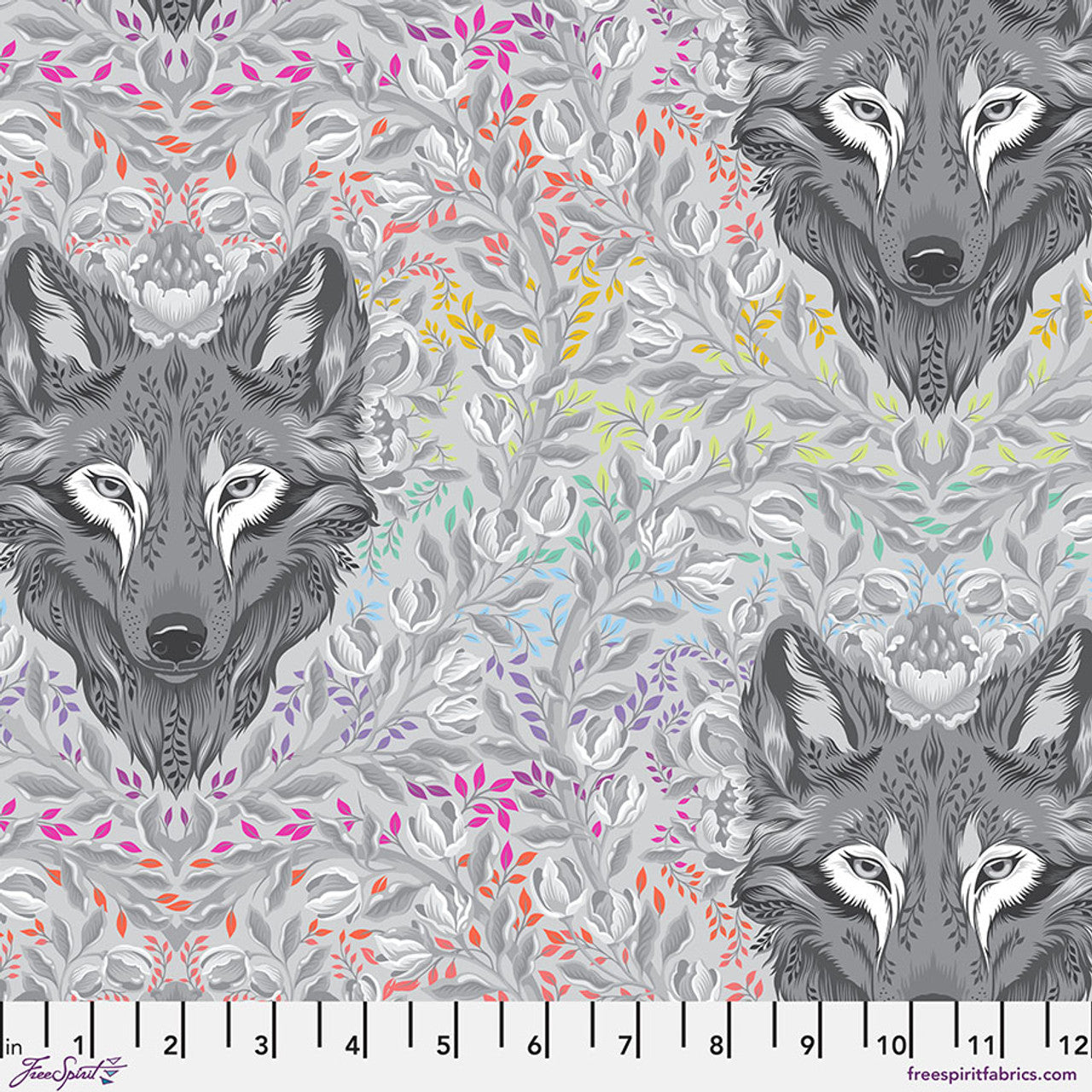 Patterned fabric with wolves and colorful leaves on a light gray background.