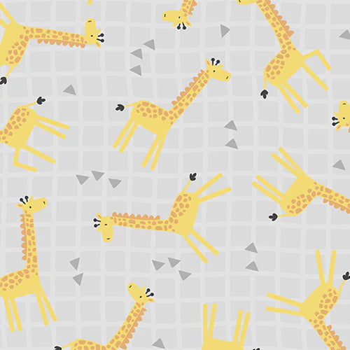 yellow giraffes on a greyand white checkered background