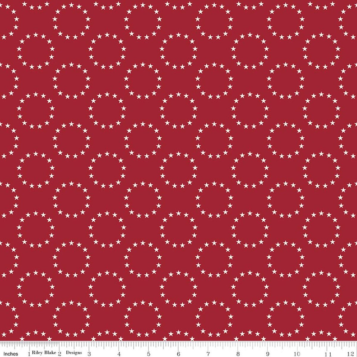  Offset rows of circles of 13 small white stars on a red background.