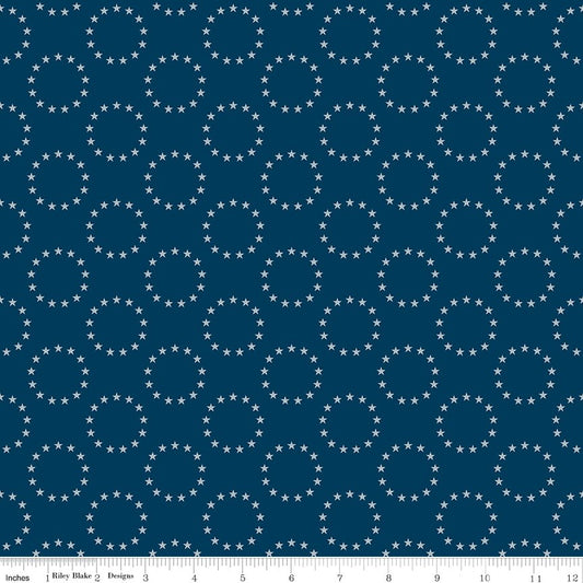  Offset rows of circles of 13 small white stars on a dark blue background.