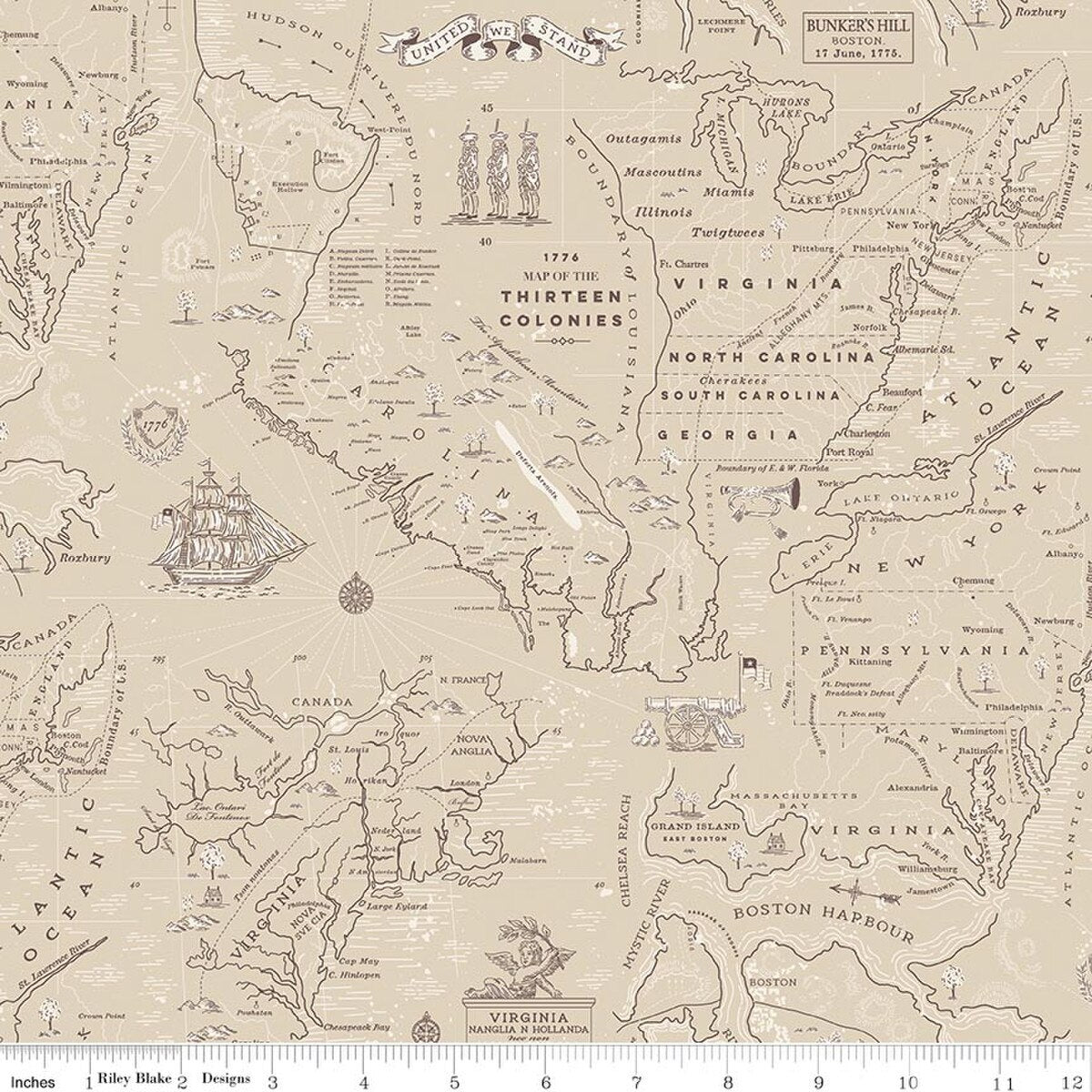 Colonial Map of the Thirteen Colonies on a beige background with text and illustrations.