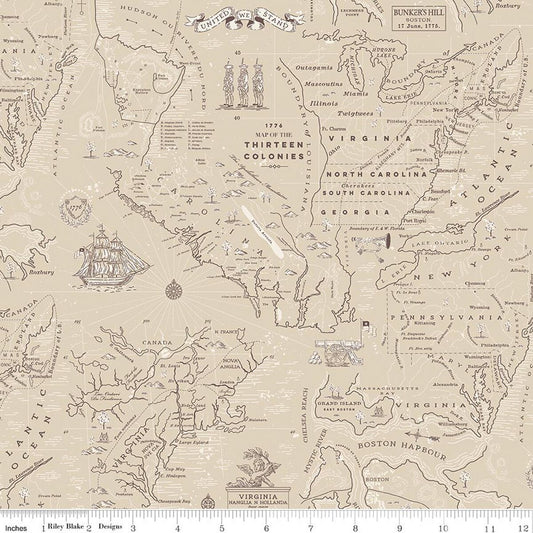 Colonial Map of the Thirteen Colonies on a beige background with text and illustrations.