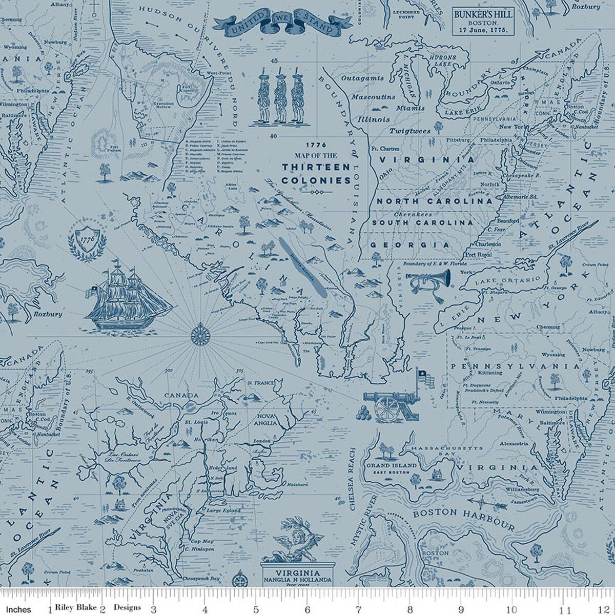 Colonial Map fabric with 13 Colonies design on a blue background