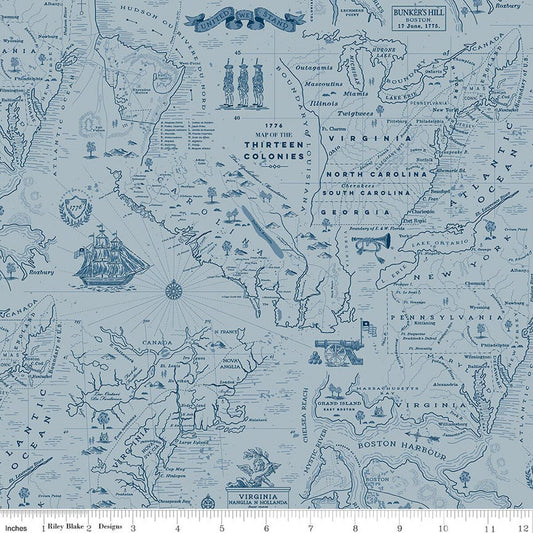 Colonial Map fabric with 13 Colonies design on a blue background