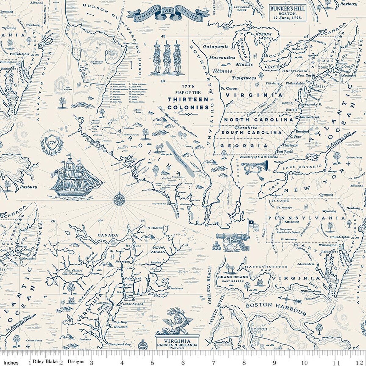 Colonial Map of the Thirteen Colonies with decorative elements on a fabric swatch.