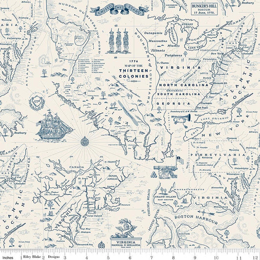 Colonial Map of the Thirteen Colonies with decorative elements on a fabric swatch.